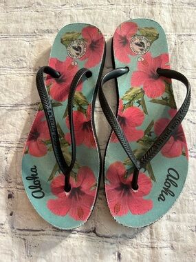 HAWAIIAN MADE COCO NENE FLOWER PATTERN ALOHA TEXT  FOOTBED FLIPFLOPS WOMEN’S L
